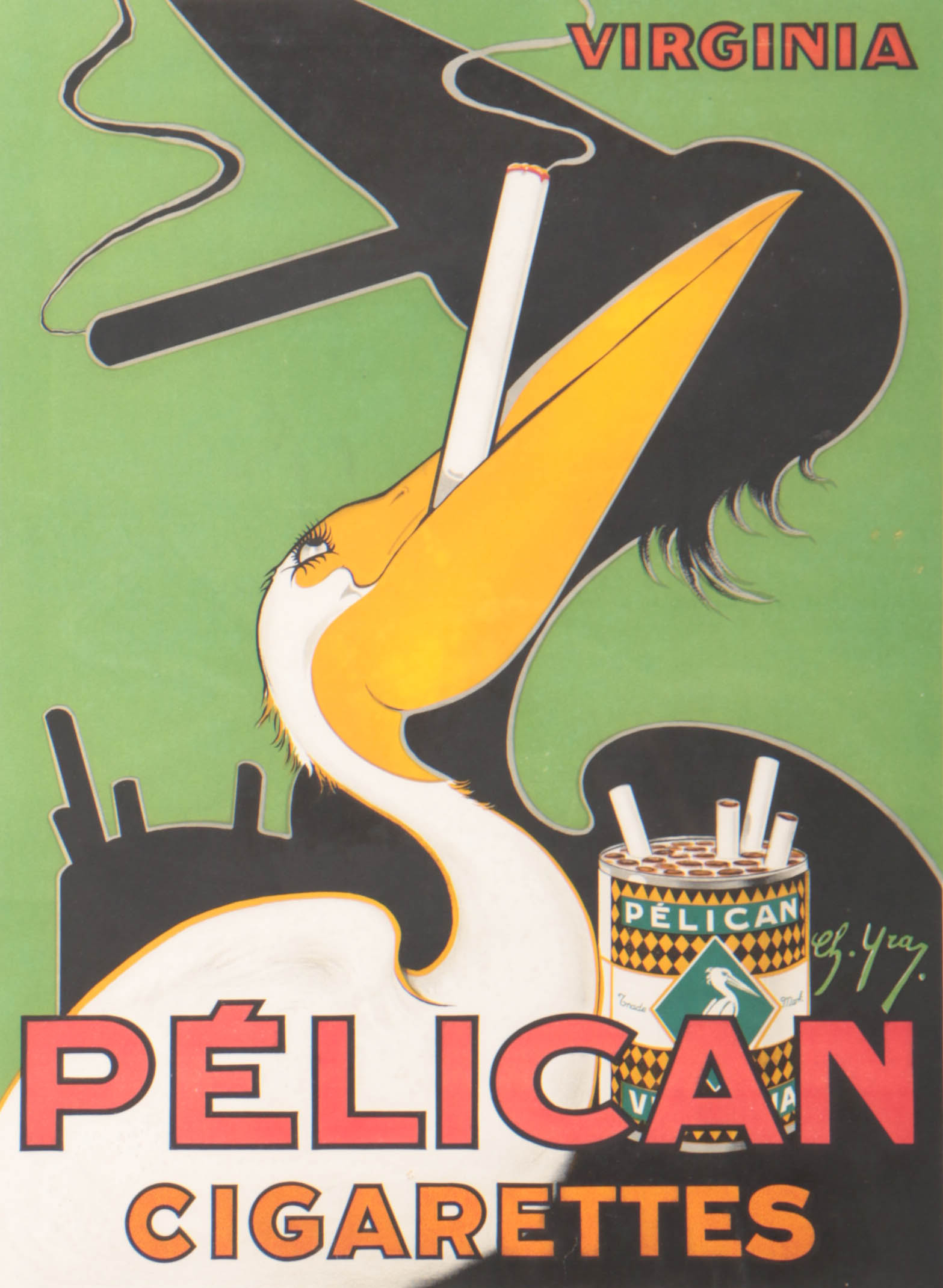 Charles Yray c.1925 Color Lithograph Poster for Pelican Cigarettes