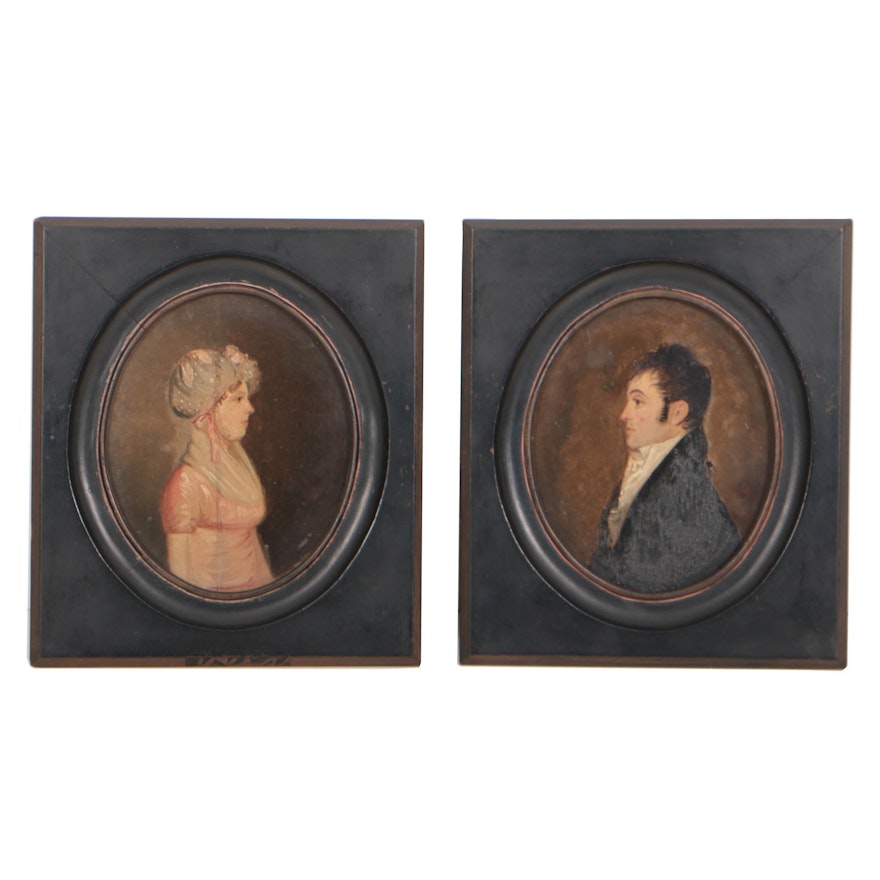 Pair of American School Early 19th Century Oil Portraits of Lady and Gentleman