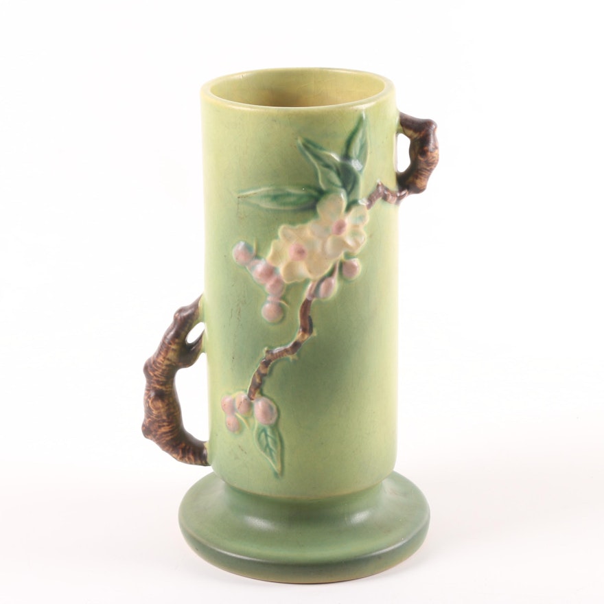 Roseville Green "Apple Blossom" Cylindrical Vase