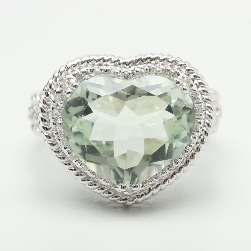 14K White Gold Praseolite and Diamond Heart Ring