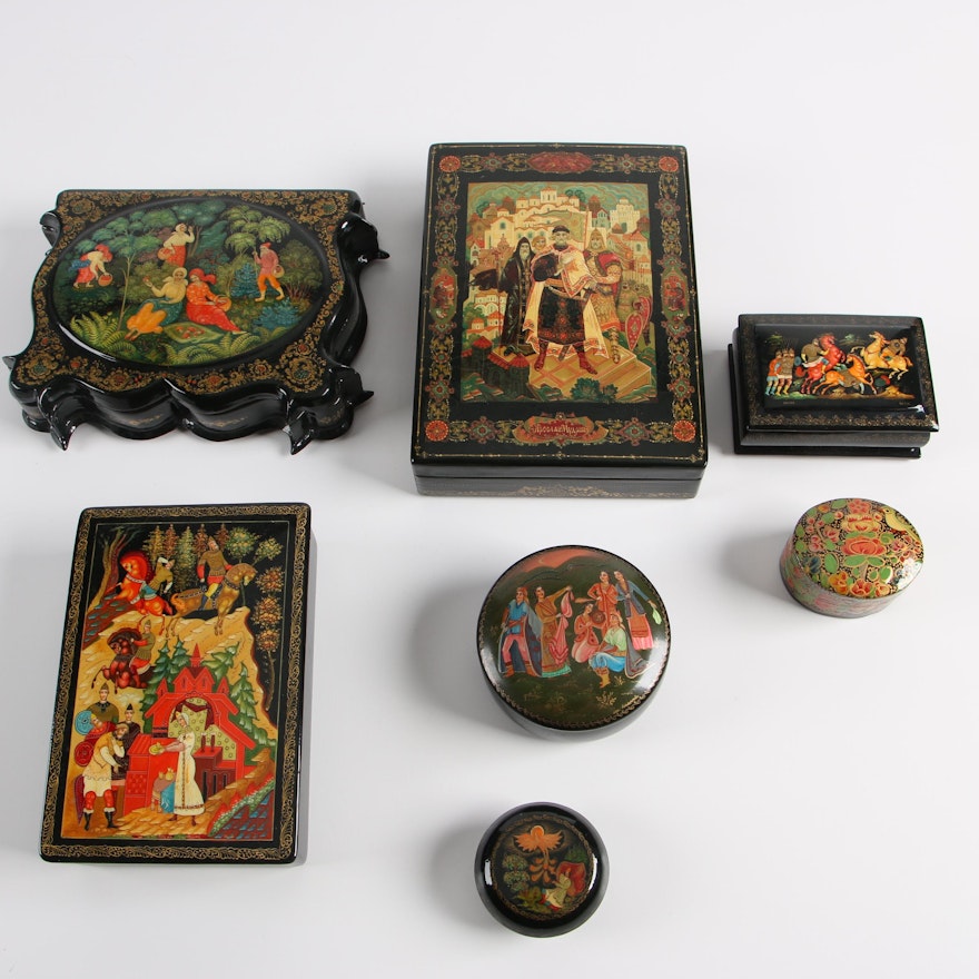 Russian Hand-Painted Black Lacquer Boxes