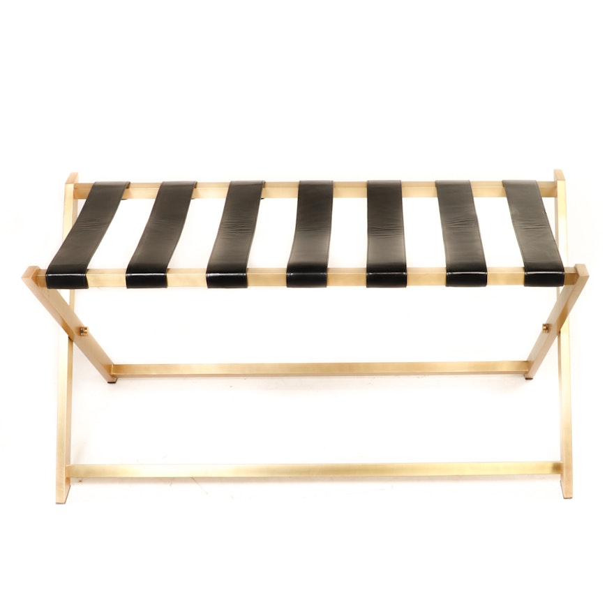 Restoration Hardware X-Base Folding Brass Luggage Rack with Black Leather Straps