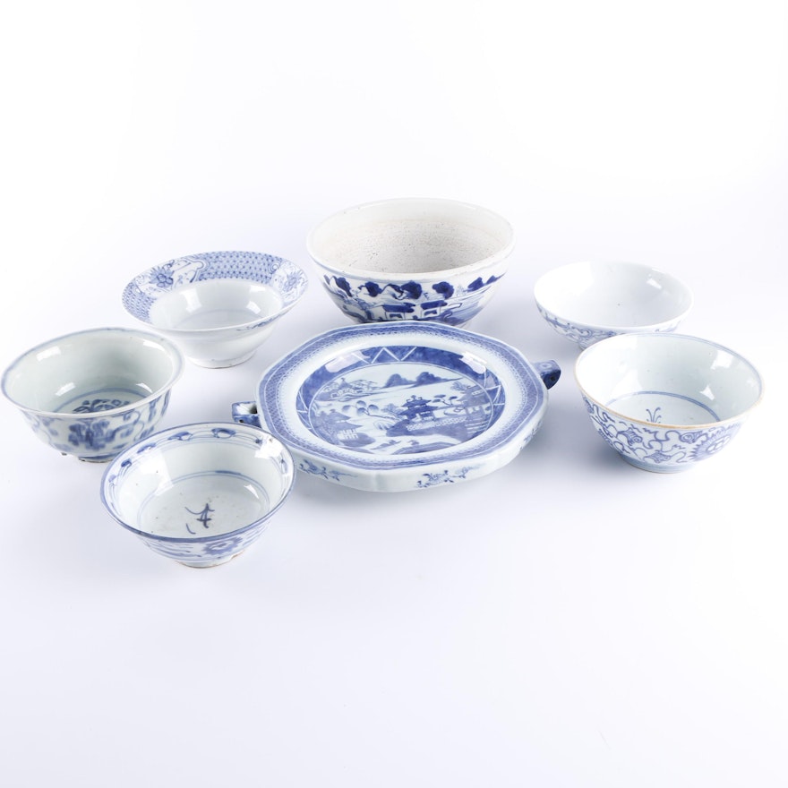 Chinese Blue and White Porcelain Bowls and Warming Dish