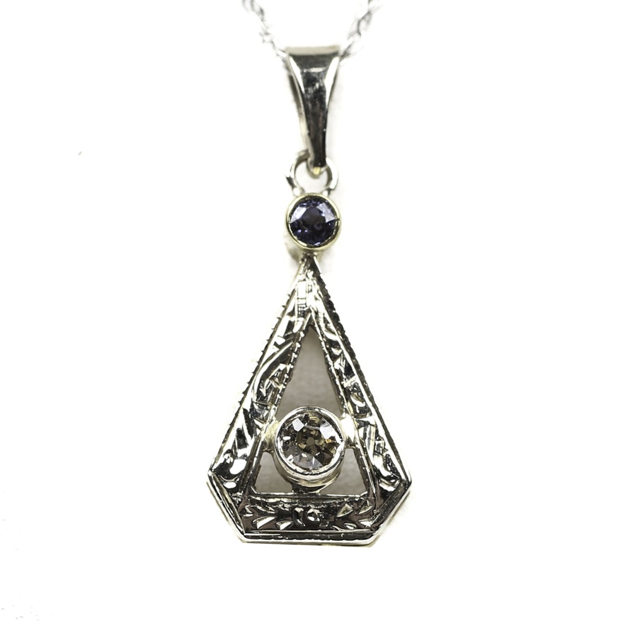 Art Deco 14K Yellow Gold Diamond and Sapphire Pendant on 10K White Gold Necklace