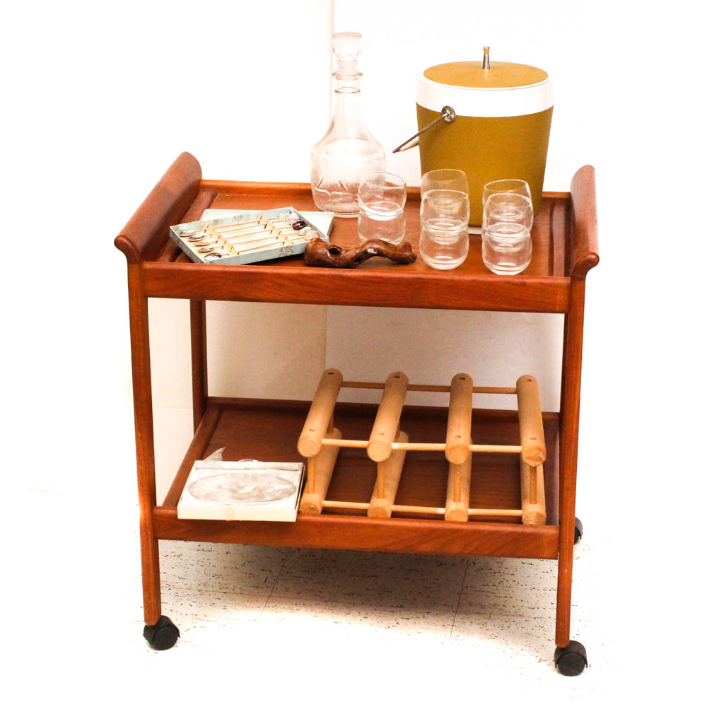 Danish Modern Style Bar Cart with Mid Century Barware