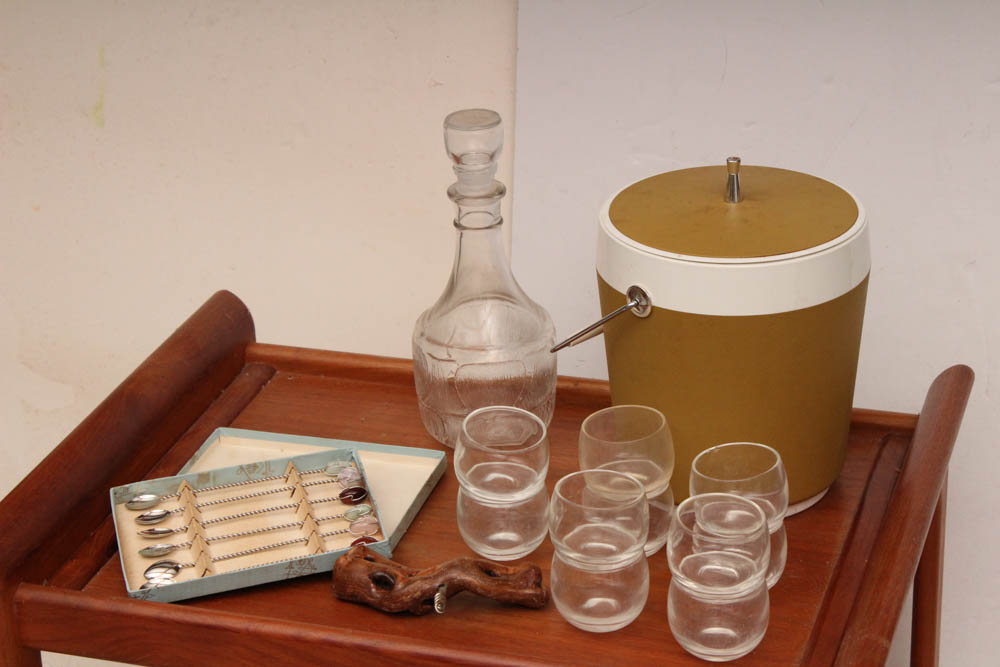Danish Modern Style Bar Cart with Mid Century Barware