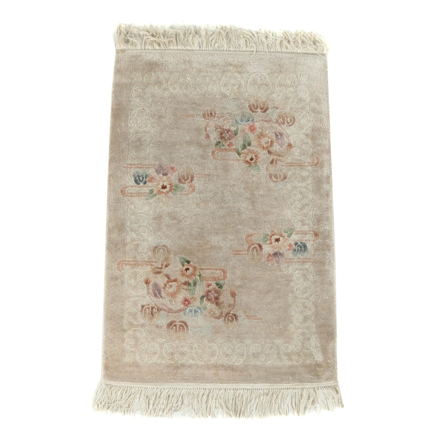 Hand-Knotted Chinese Carved Wool and Silk Blend Accent Rug