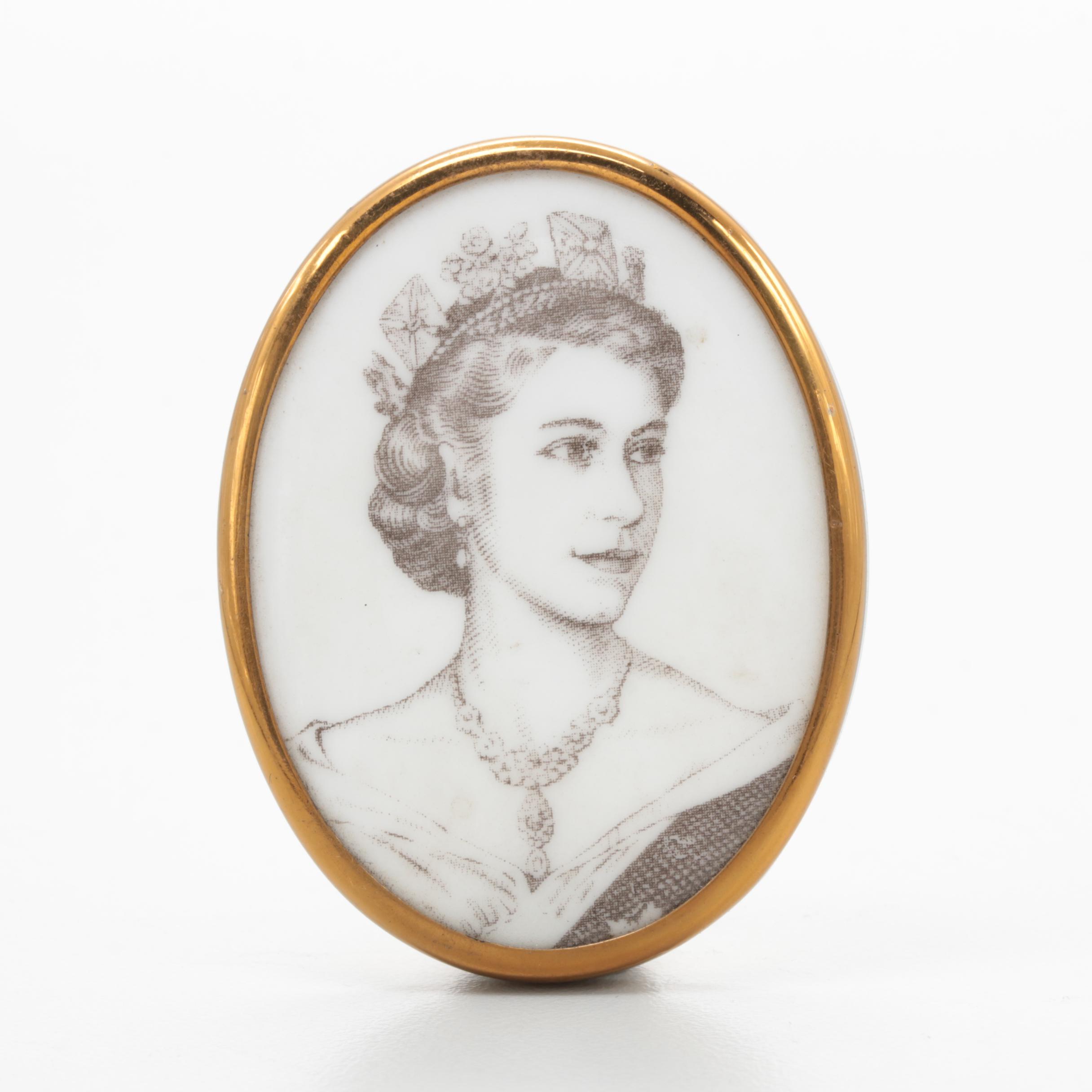 1953 Royal Worcester Gold Tone Porcelain Queen Elizabeth II Coronation Brooch