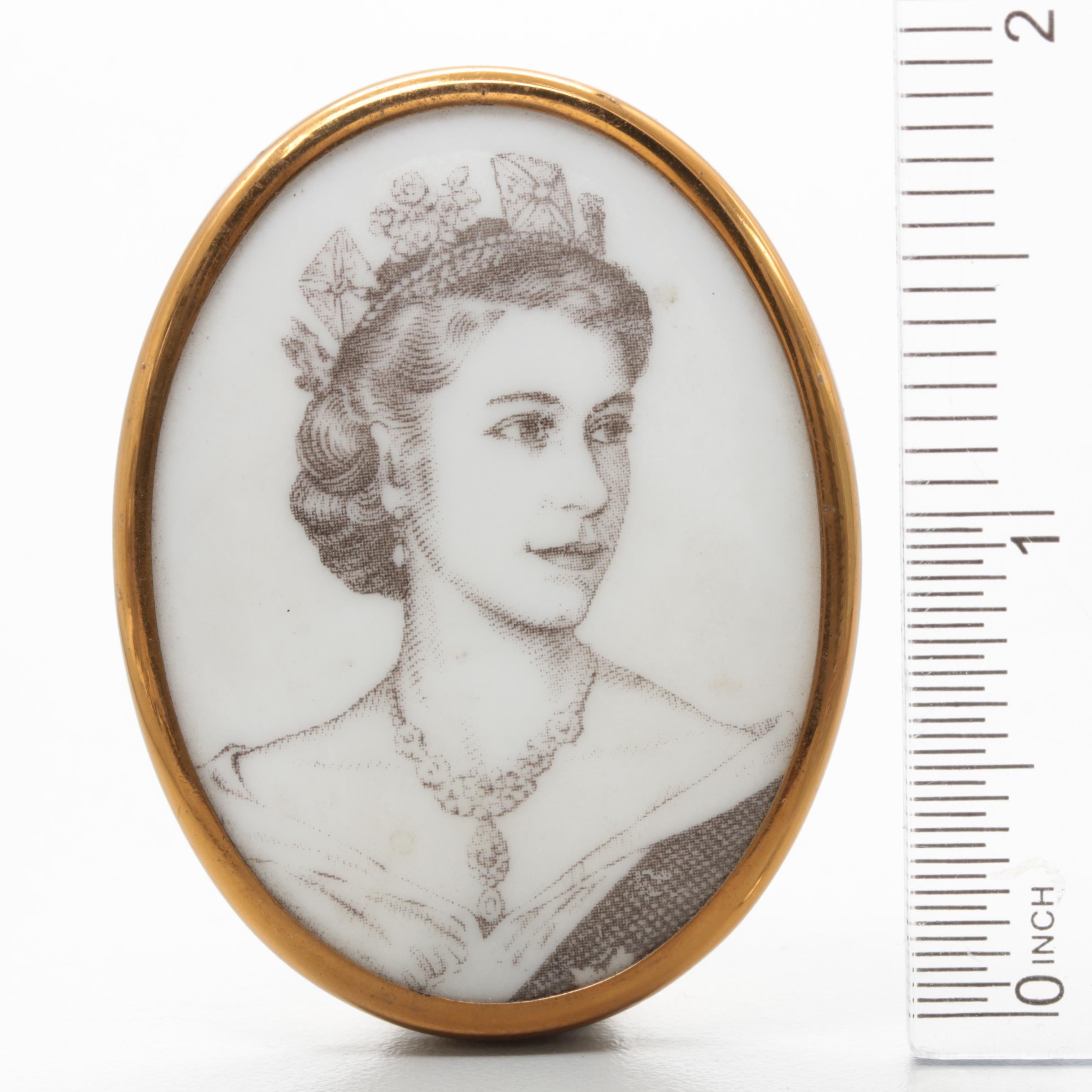 1953 Royal Worcester Gold Tone Porcelain Queen Elizabeth II Coronation Brooch