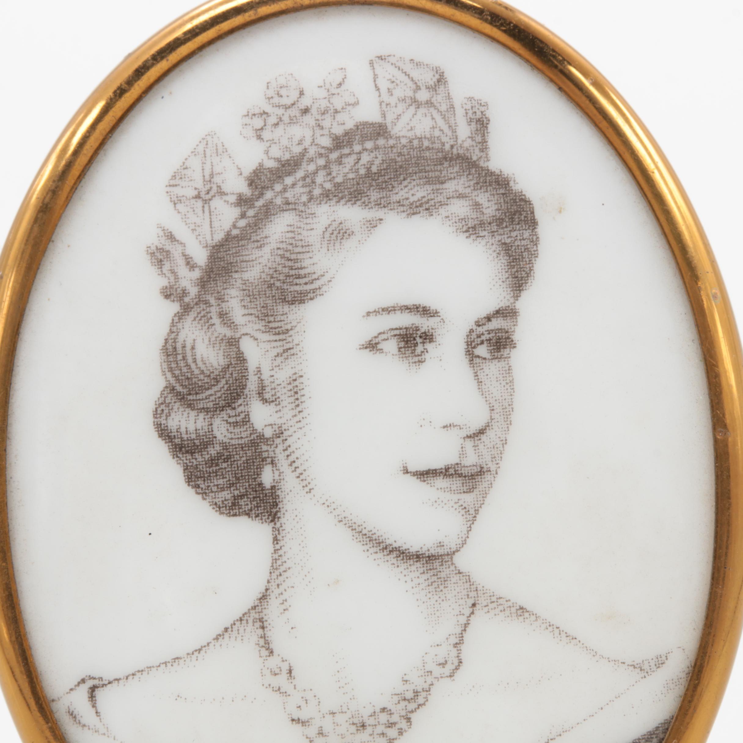 1953 Royal Worcester Gold Tone Porcelain Queen Elizabeth II Coronation Brooch