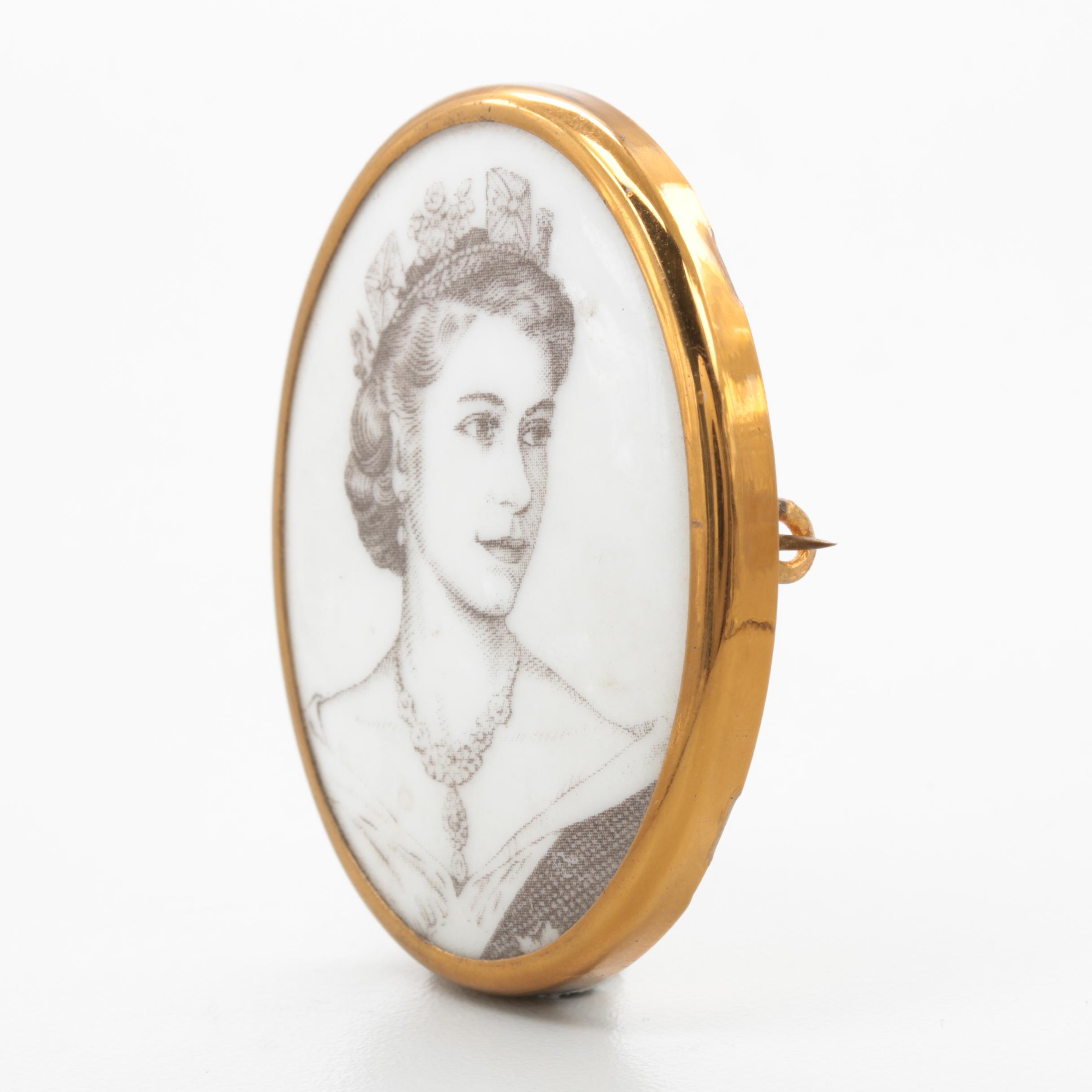 1953 Royal Worcester Gold Tone Porcelain Queen Elizabeth II Coronation Brooch