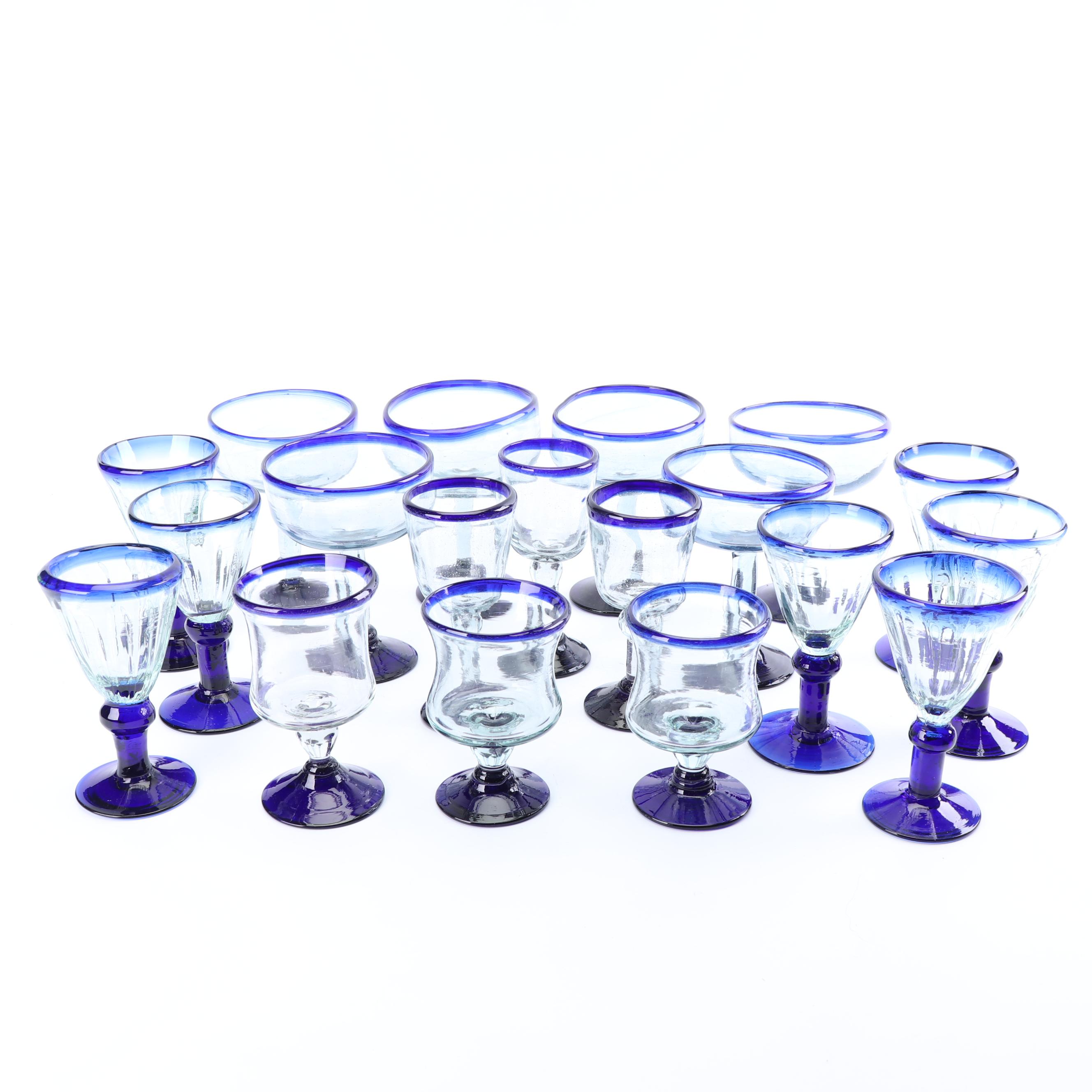 Assortment of Hand-Blown Cobalt Rimmed Glass Stemware