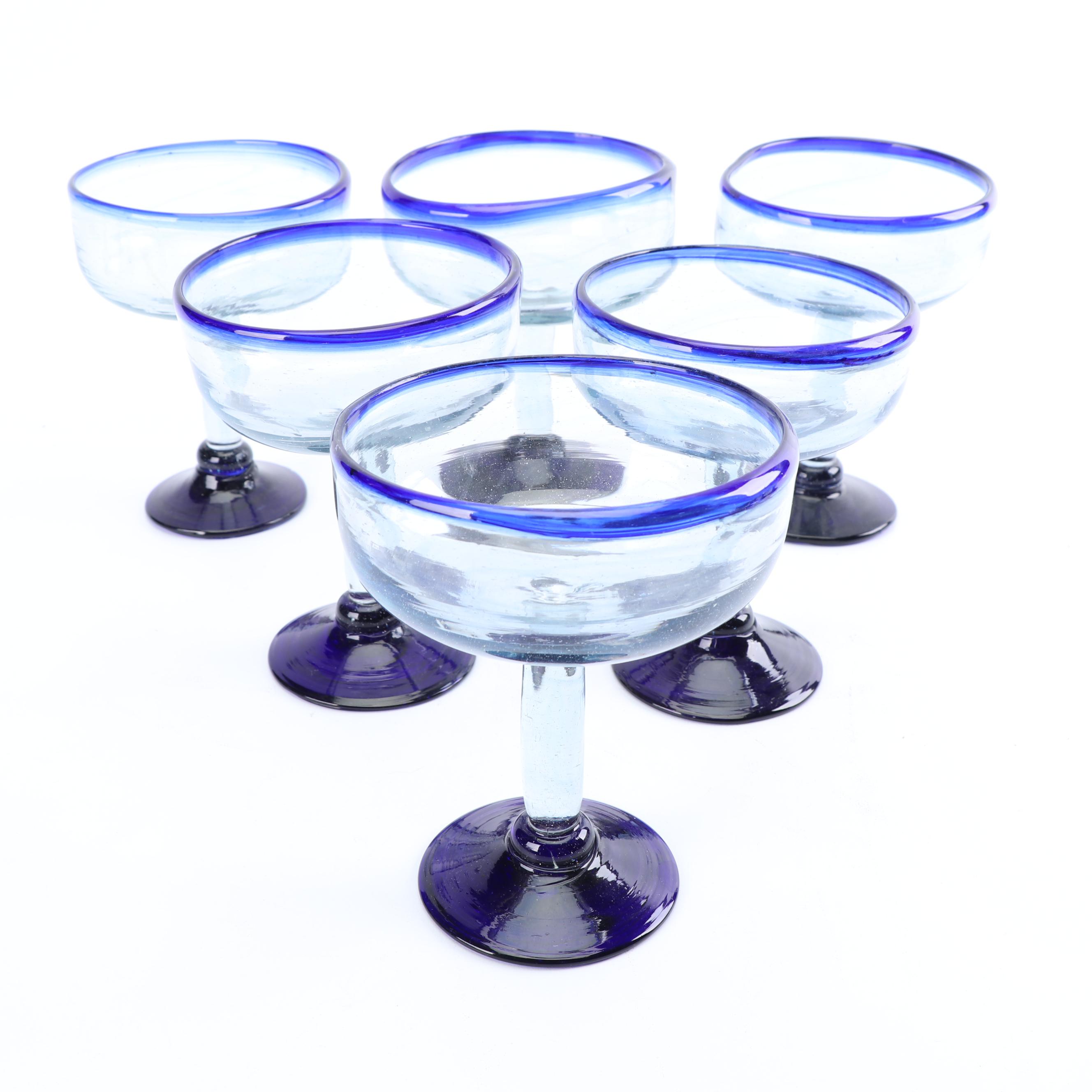 Assortment of Hand-Blown Cobalt Rimmed Glass Stemware
