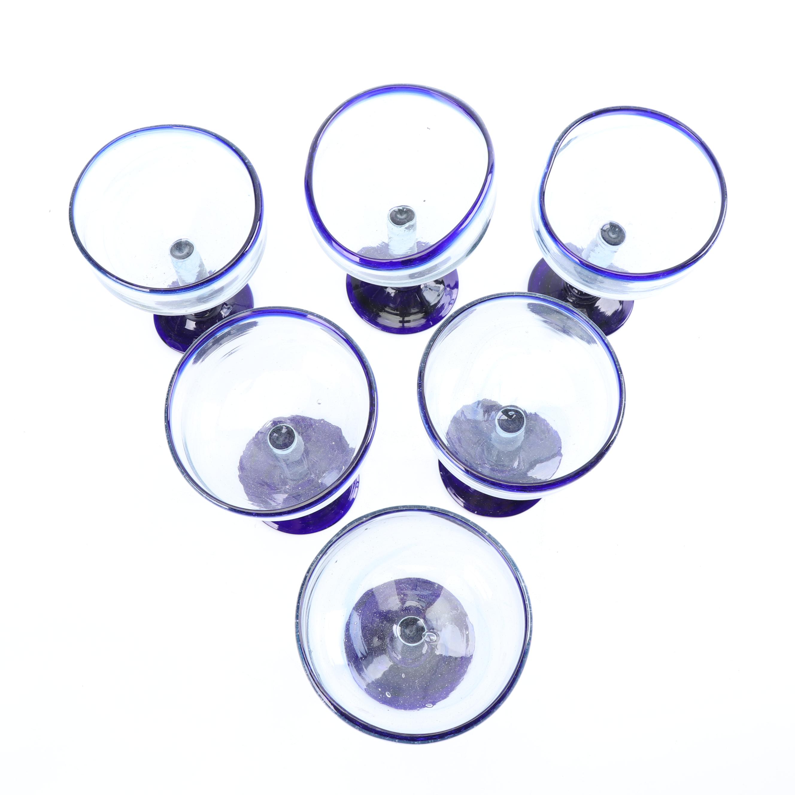 Assortment of Hand-Blown Cobalt Rimmed Glass Stemware