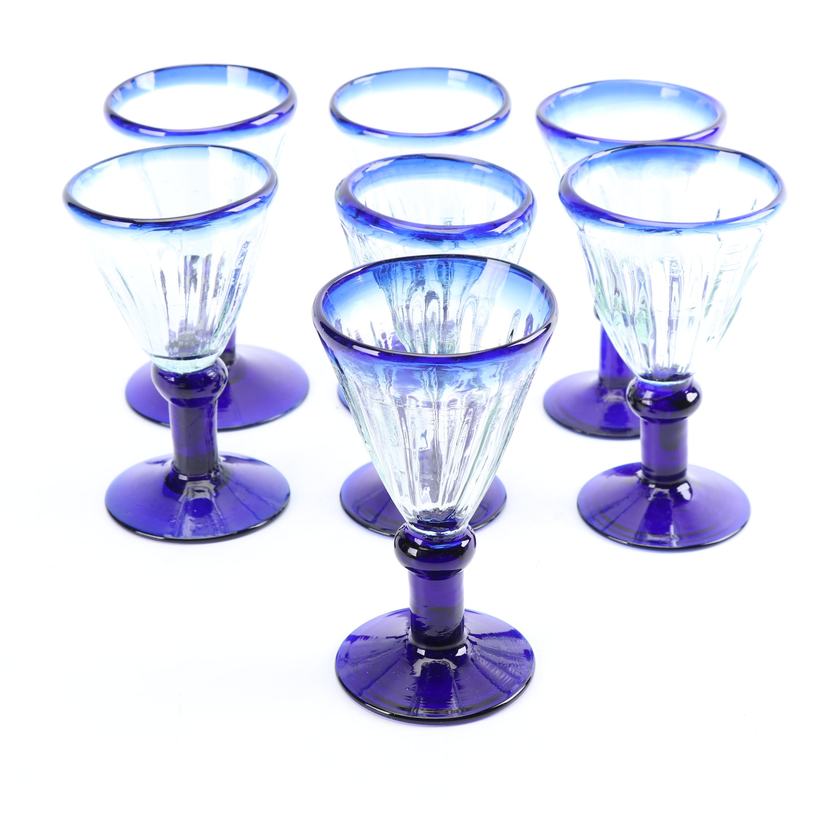 Assortment of Hand-Blown Cobalt Rimmed Glass Stemware