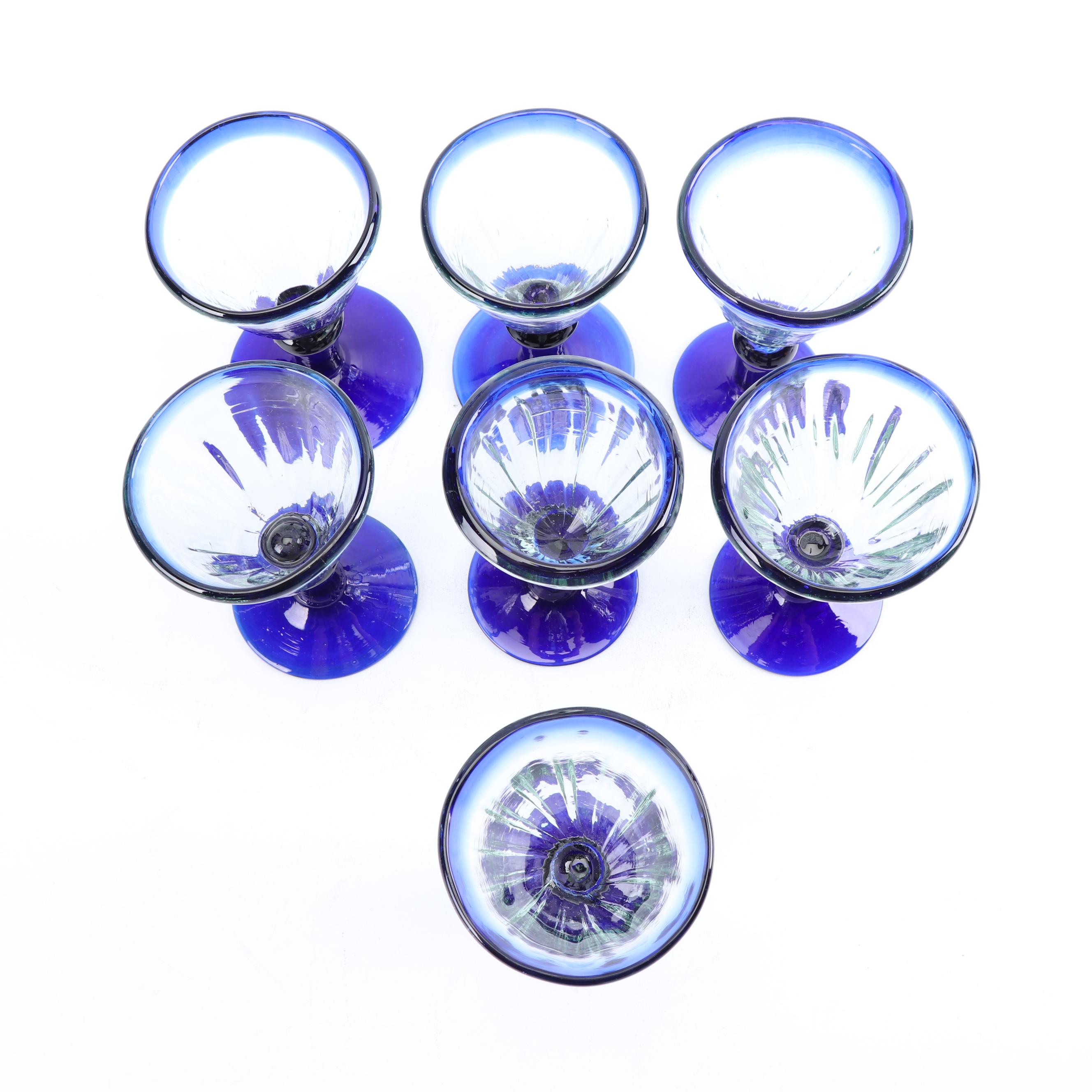 Assortment of Hand-Blown Cobalt Rimmed Glass Stemware