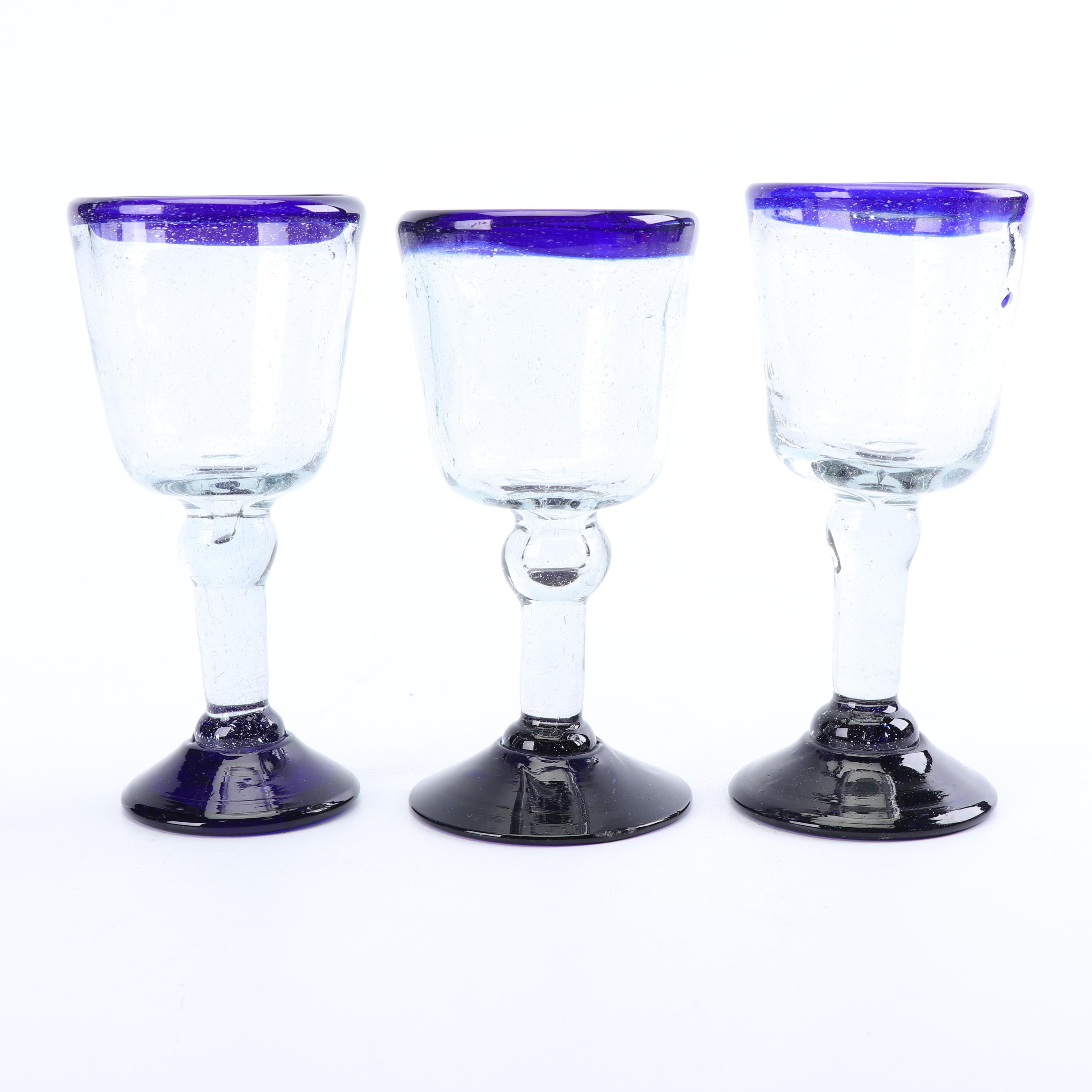 Assortment of Hand-Blown Cobalt Rimmed Glass Stemware