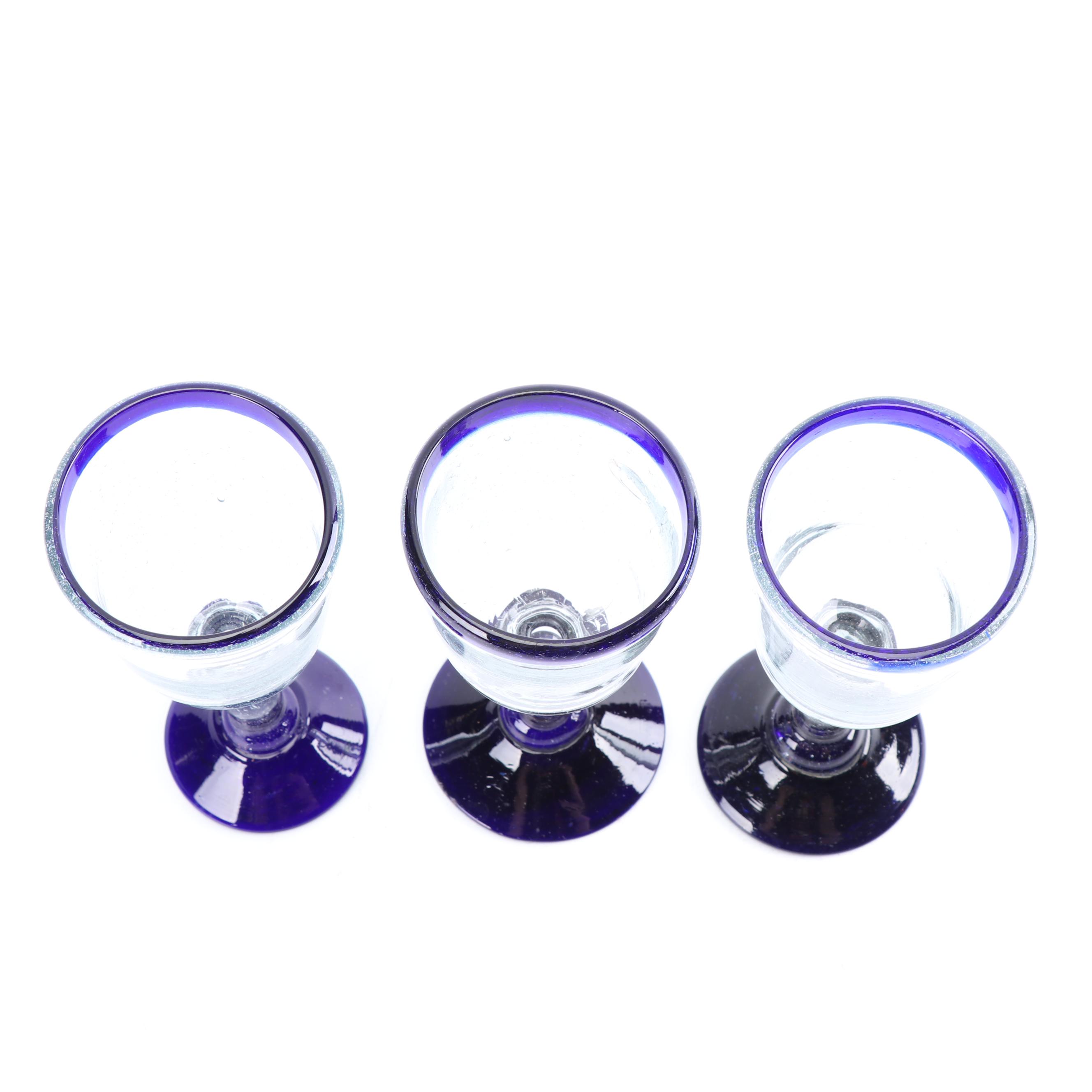 Assortment of Hand-Blown Cobalt Rimmed Glass Stemware