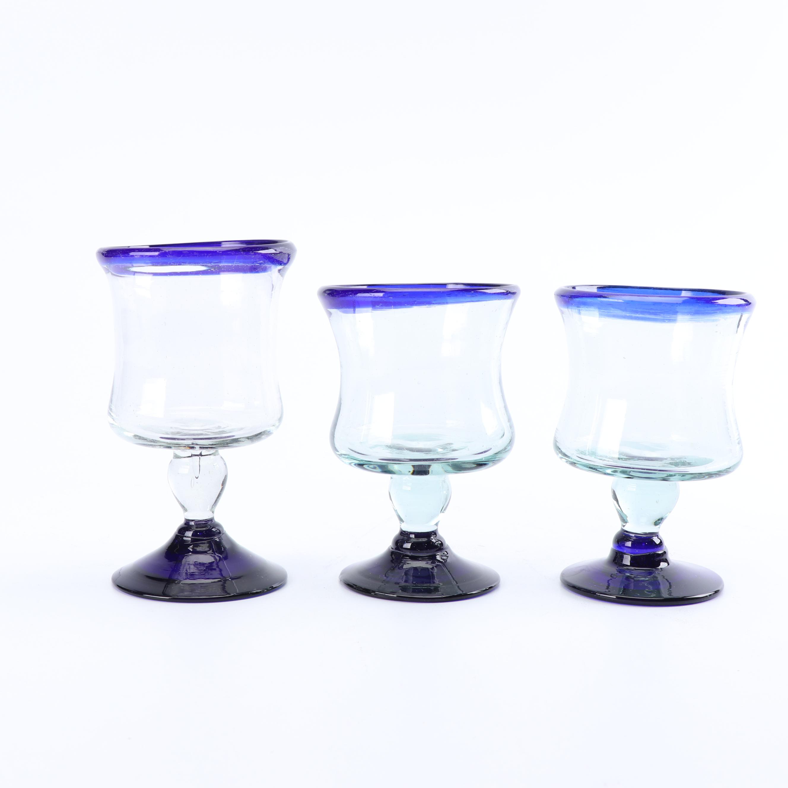 Assortment of Hand-Blown Cobalt Rimmed Glass Stemware