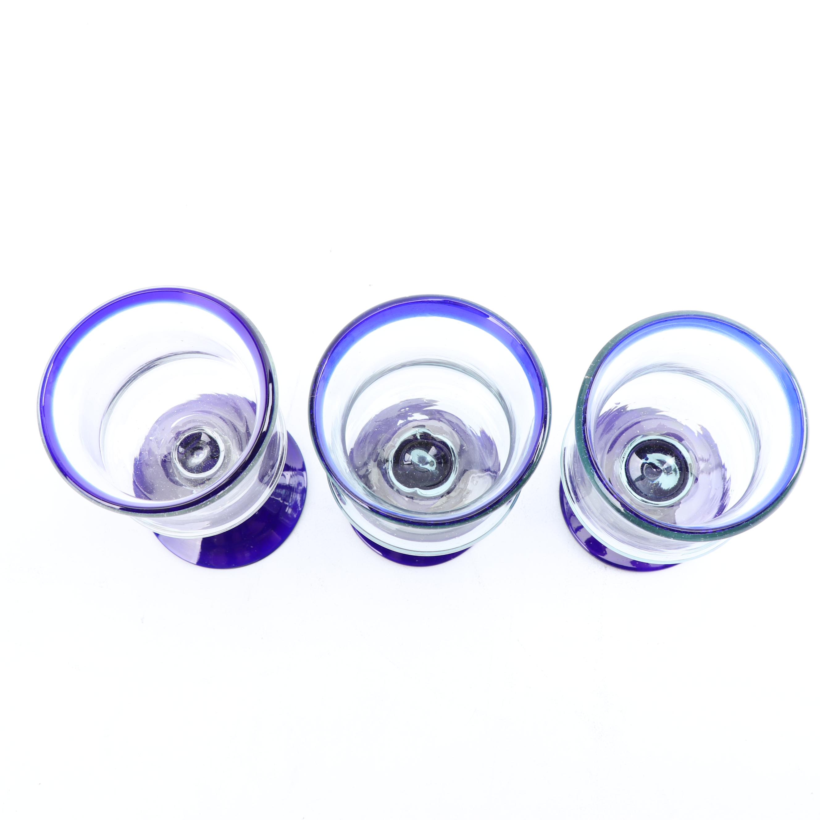 Assortment of Hand-Blown Cobalt Rimmed Glass Stemware