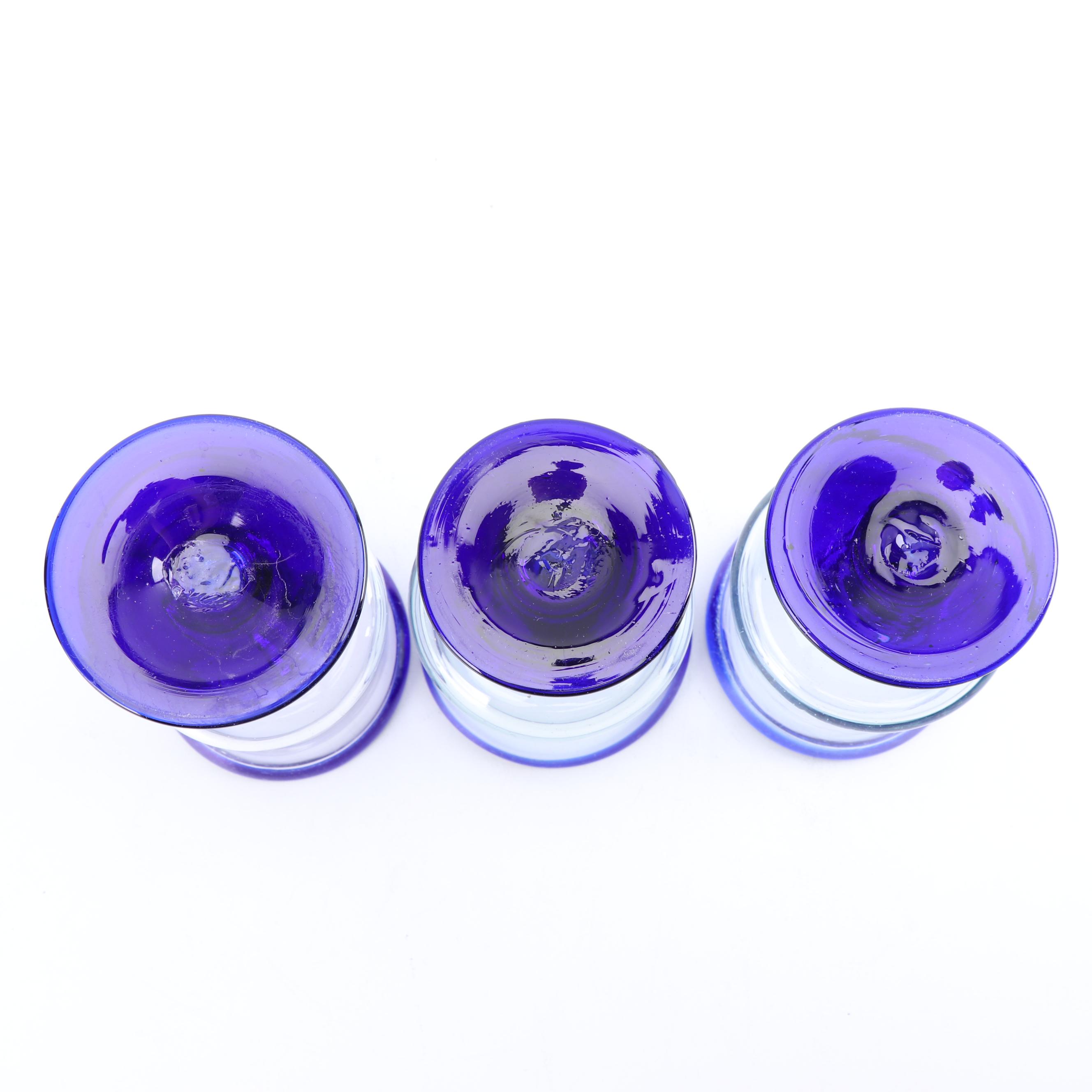 Assortment of Hand-Blown Cobalt Rimmed Glass Stemware