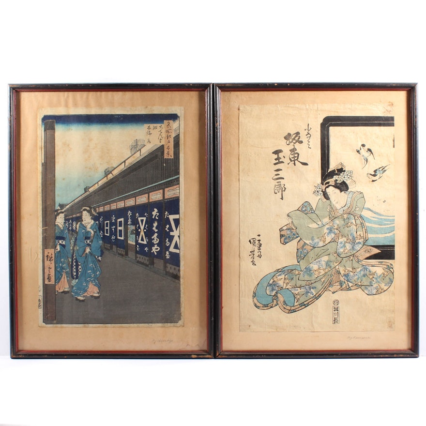 Kuniyoshi Ukiyo-e Woodblock of Bandō Tamasaburō and Wooblock After Hiroshige