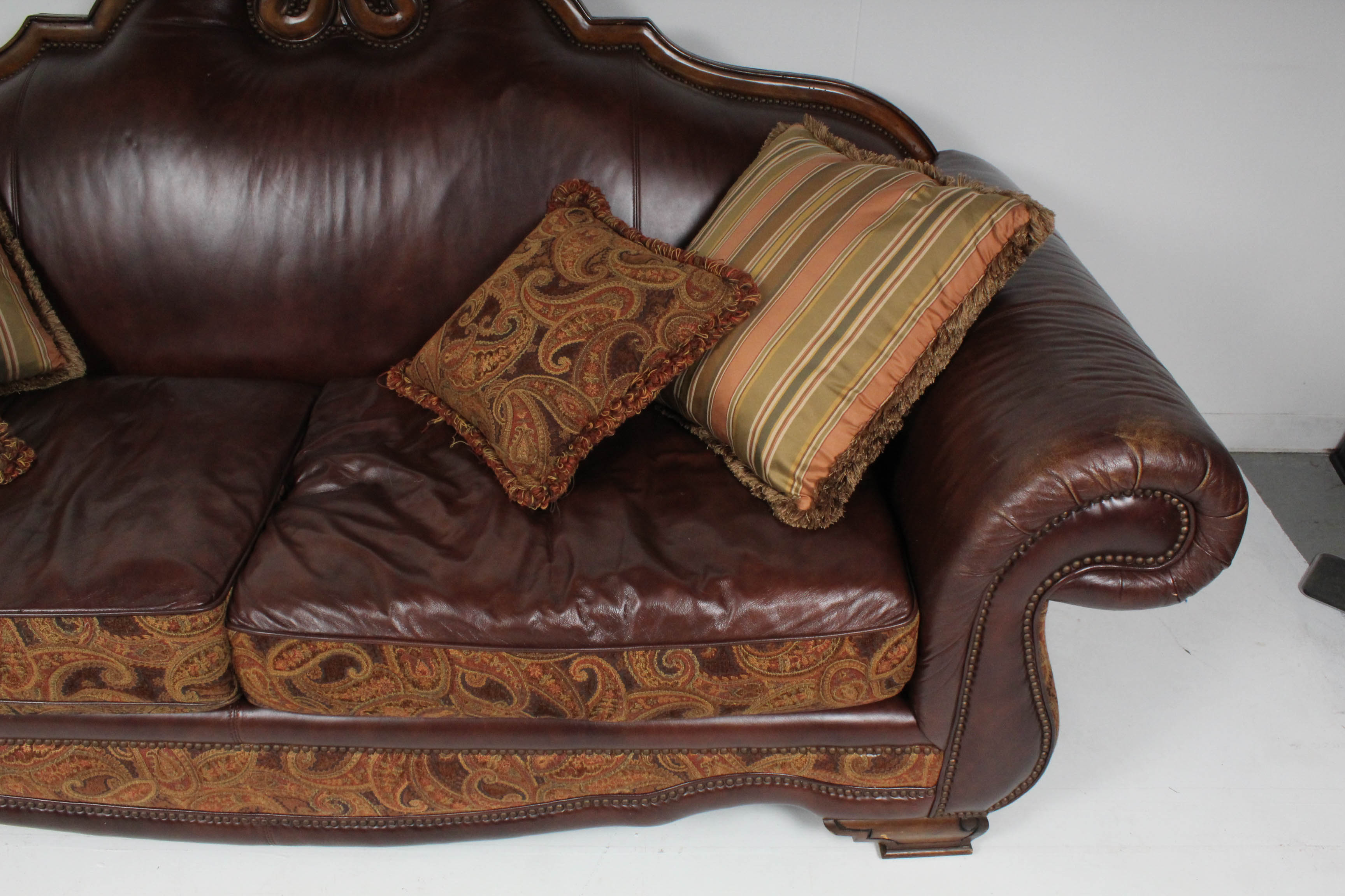 Michael Amini Leather and Paisley Sofa