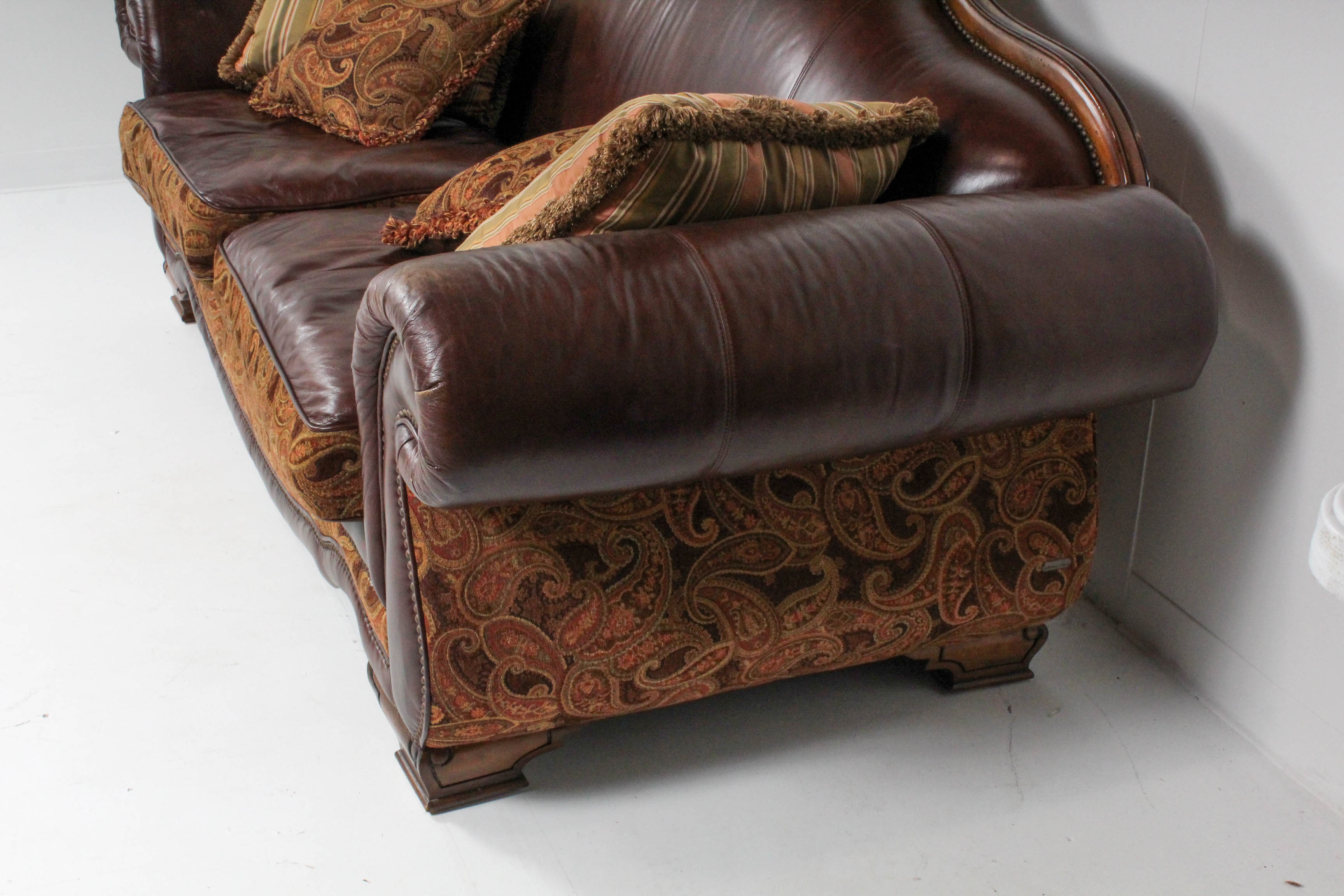 Michael Amini Leather and Paisley Sofa