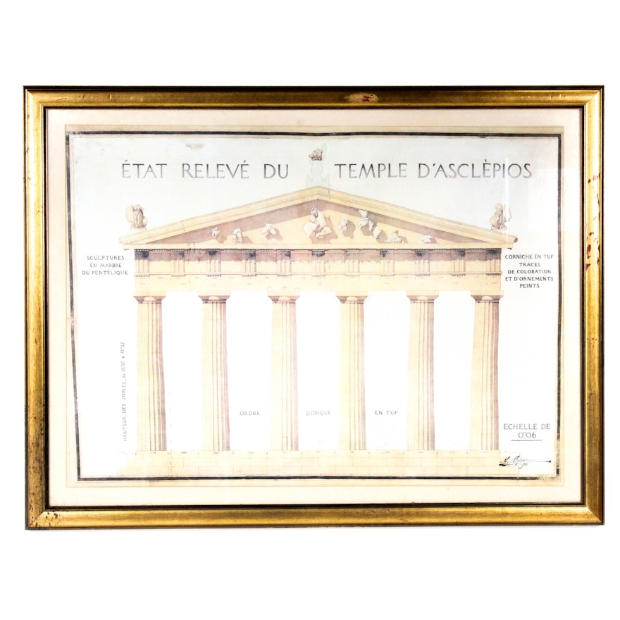 Architectural Rendering Offset Lithograph "Etat Releve du Temple d'Asclepios"