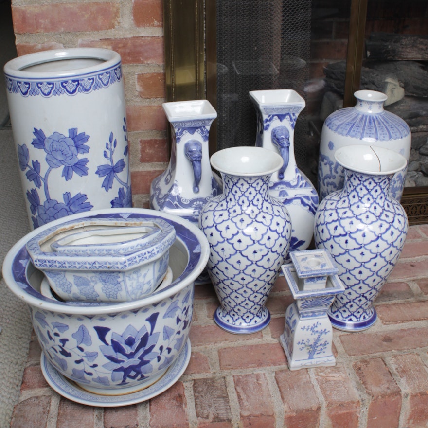 Chinese Blue and White Ceramic Vases, Planters, Tableware and Jars