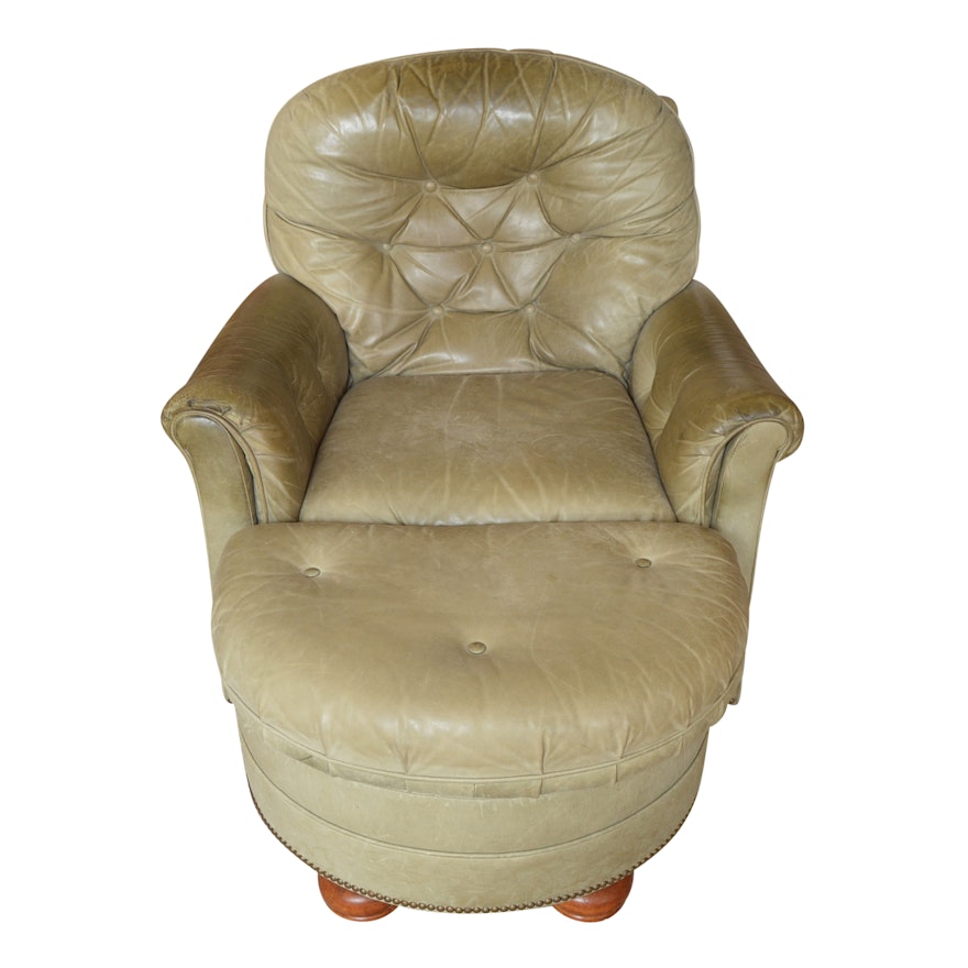 Century Olive Green Leather Armchair with Ottoman