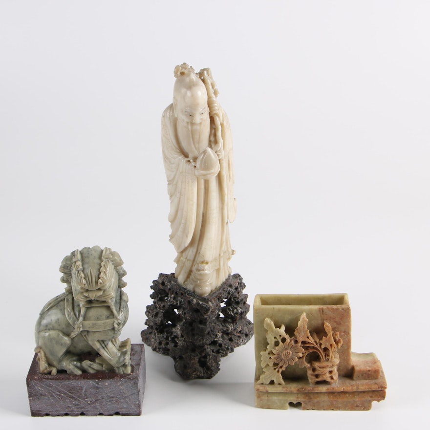 Chinese Soapstone Guardian Lion and God of Longevity Figurines with Inkwell