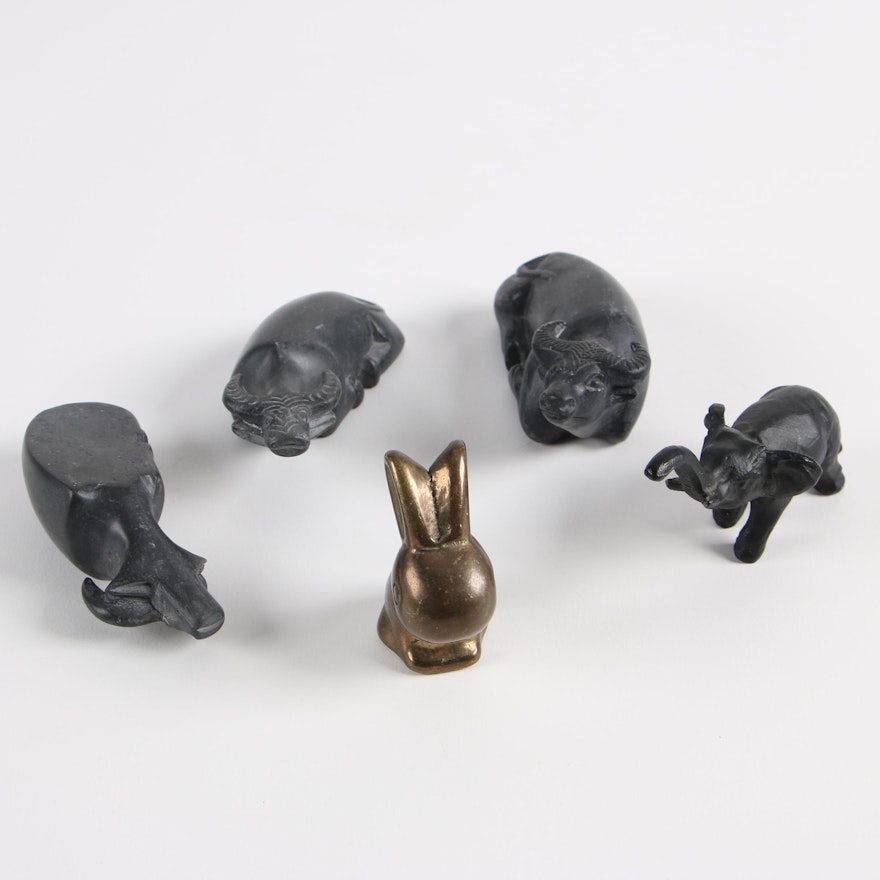 Asian Water Buffalo and Brass Rabbit with Lead Elephant Figurines