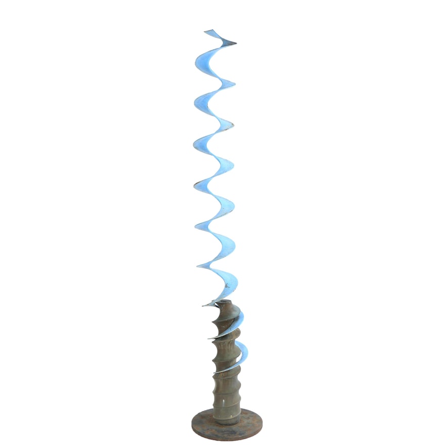 Modernist Vertical Free Standing Blue Screw Metal Sculpture