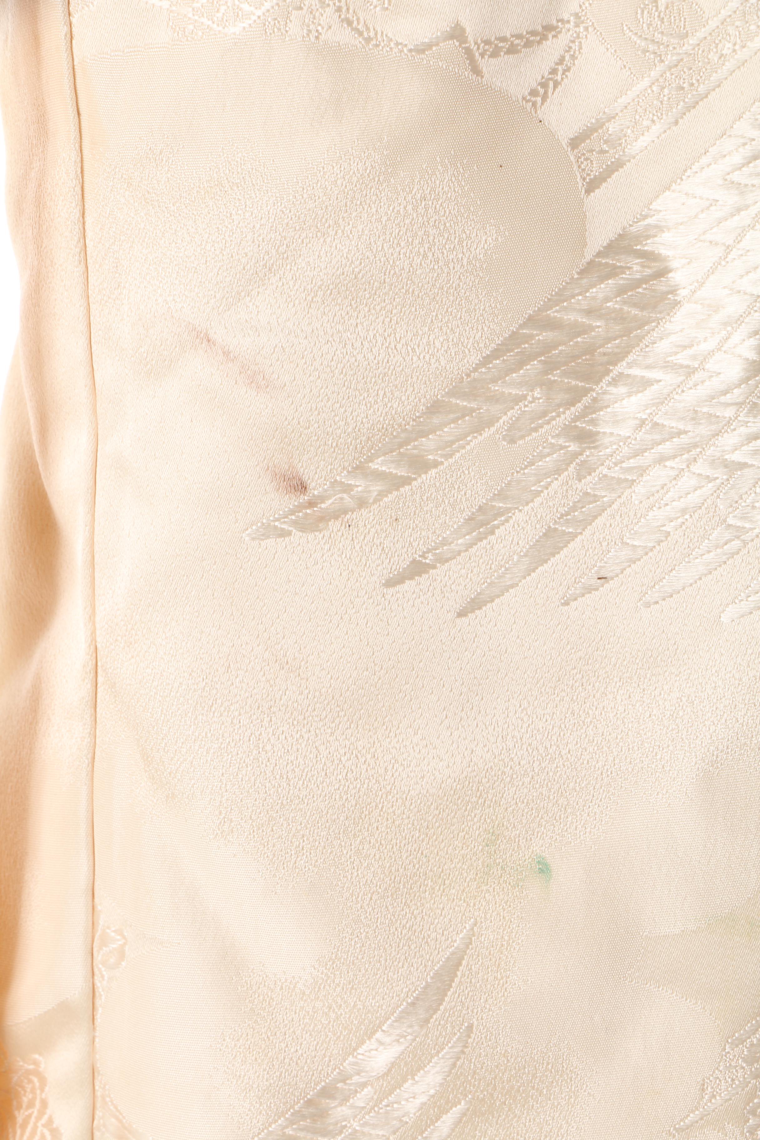 Japanese Off-White Silk Damask Shiro-Uchikake Kimono with Mink Fur Collar