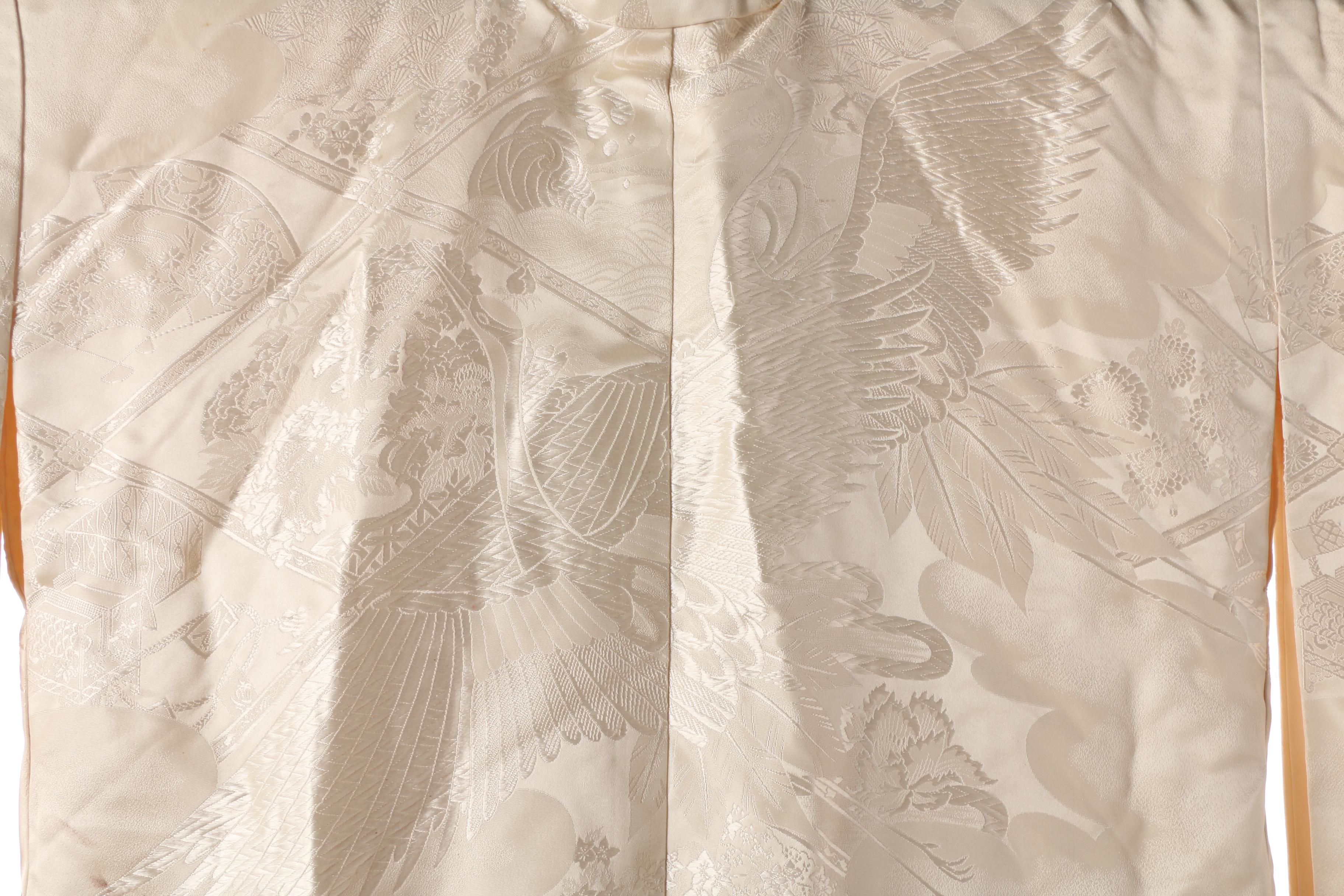 Japanese Off-White Silk Damask Shiro-Uchikake Kimono with Mink Fur Collar