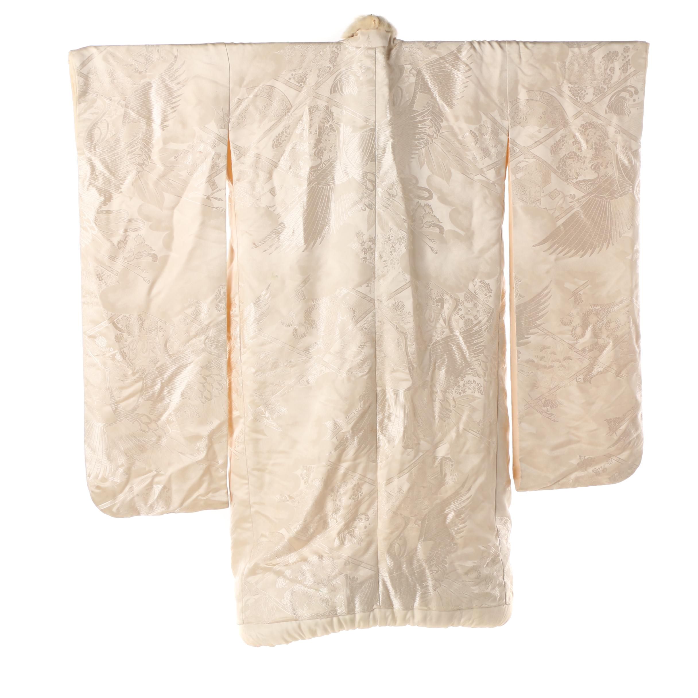 Japanese Off-White Silk Damask Shiro-Uchikake Kimono with Mink Fur Collar