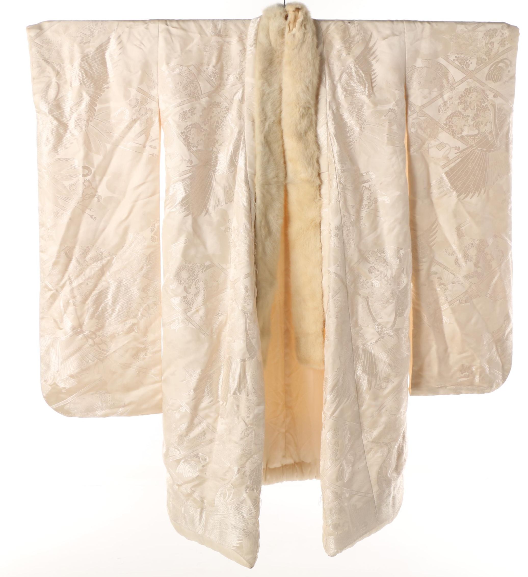 Japanese Off-White Silk Damask Shiro-Uchikake Kimono with Mink Fur Collar