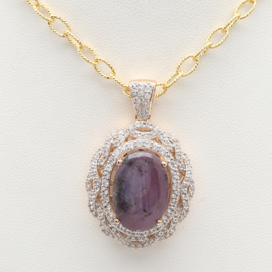 Gold Wash on Sterling Silver Star Ruby and White Sapphire Pendant Necklace