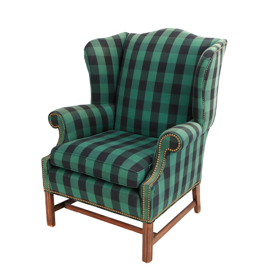 Plaid Upholstered Wing Chair with Brass Nailhead Trim