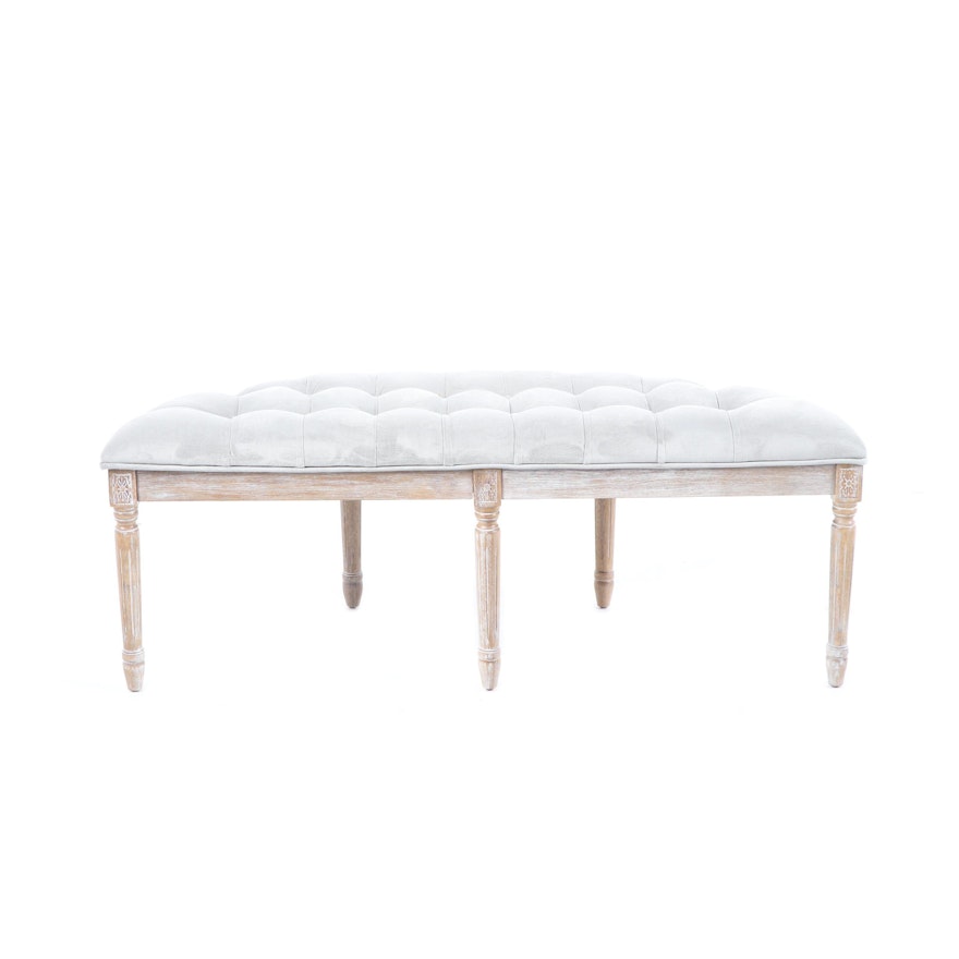 Blue-Grey Upholstered Button Tufted Demilune Bench