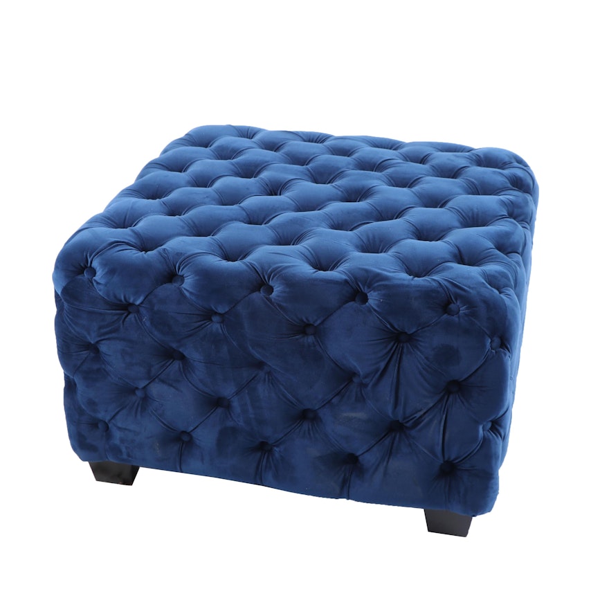 Button Tufted Blue Upholstered Ottoman