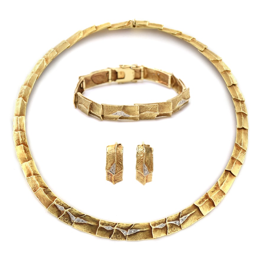 Vintage 14K Yellow Gold Diamond Necklace, Bracelet, and Earring Parure Set