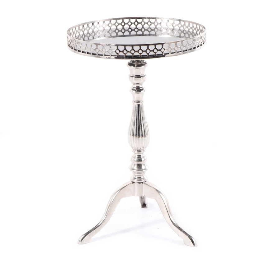 Reticulated Edge Silver Metal Side Table with Mirrored Top