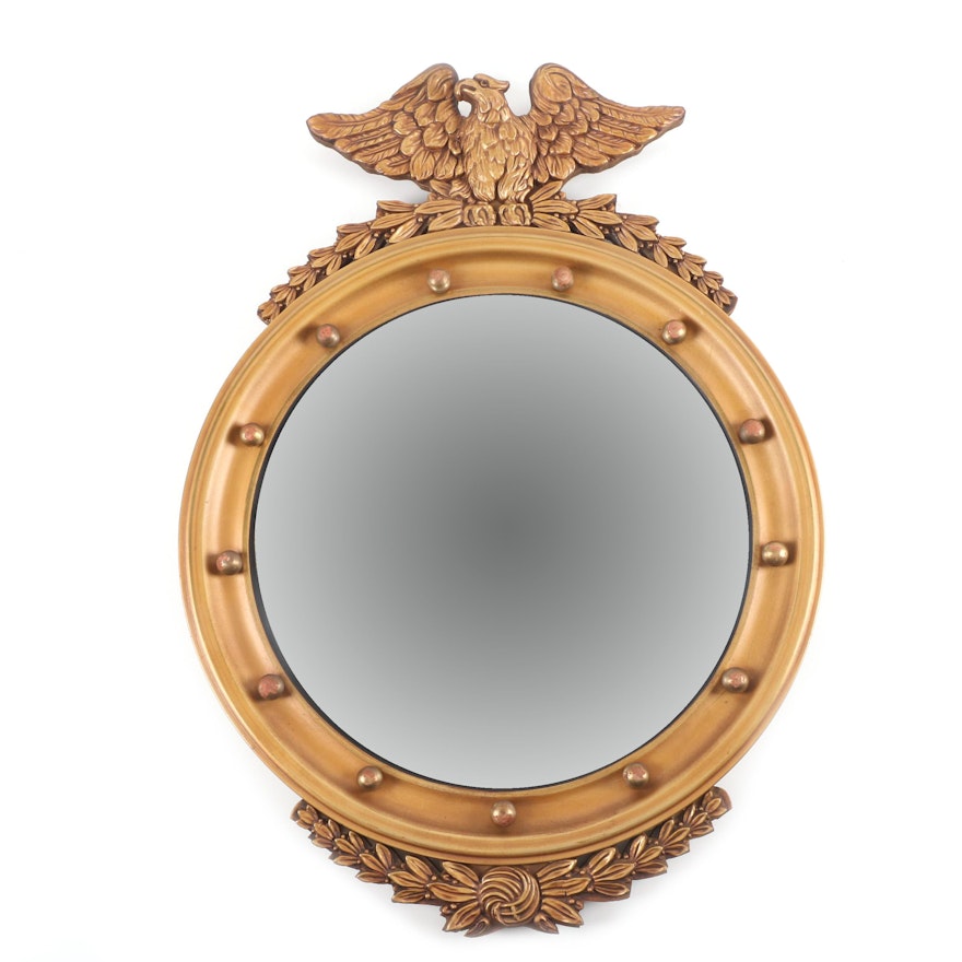 Vintage Federal Style Gold-Toned Convex Wall Mirror with Eagle Crest