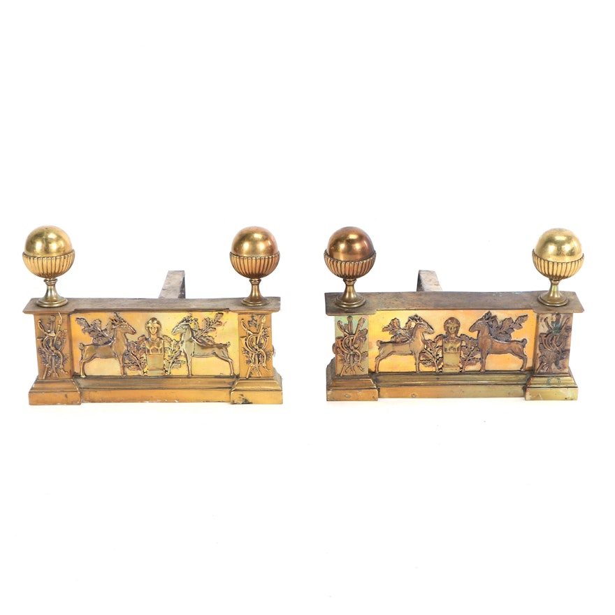 Early 20th Century Neoclassical Style Cast Brass and Iron Chenets