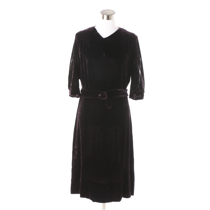 Circa 1930s Plum Velvet Dress with Belt and Sheer Striped Sleeve Detail