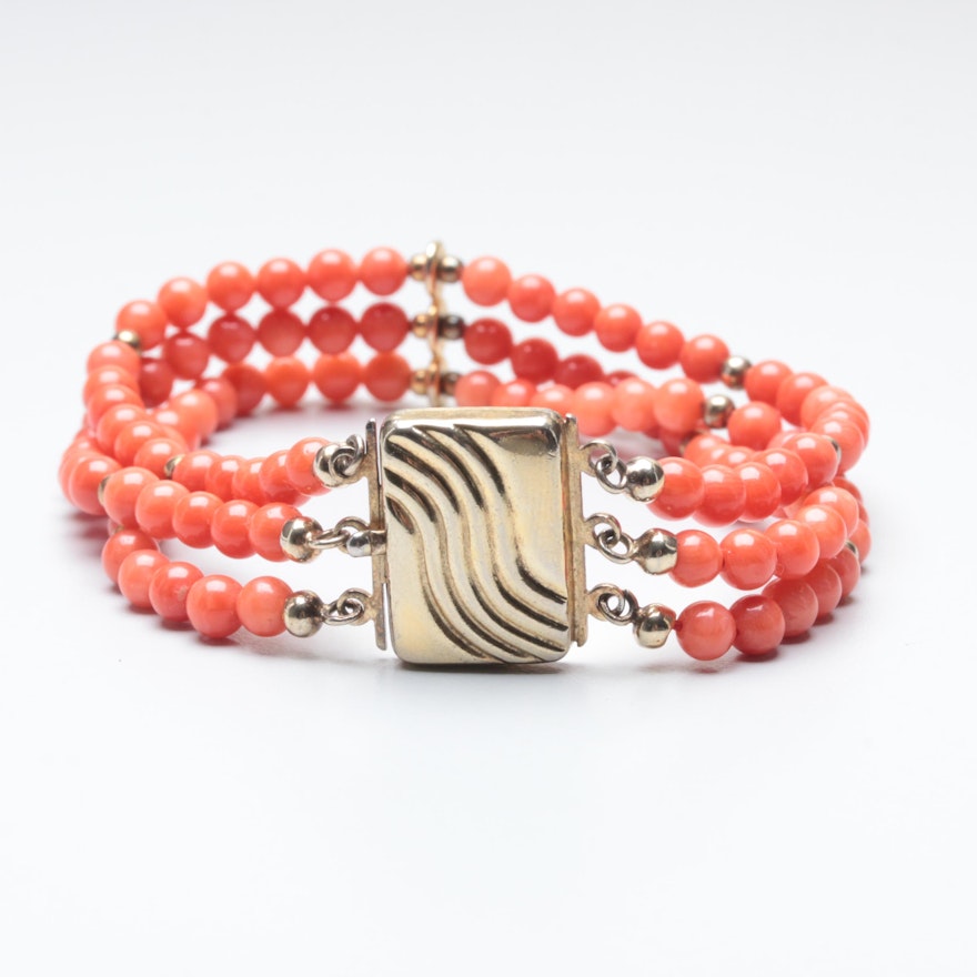 Gold Wash on Sterling Silver Coral Beaded Bracelet