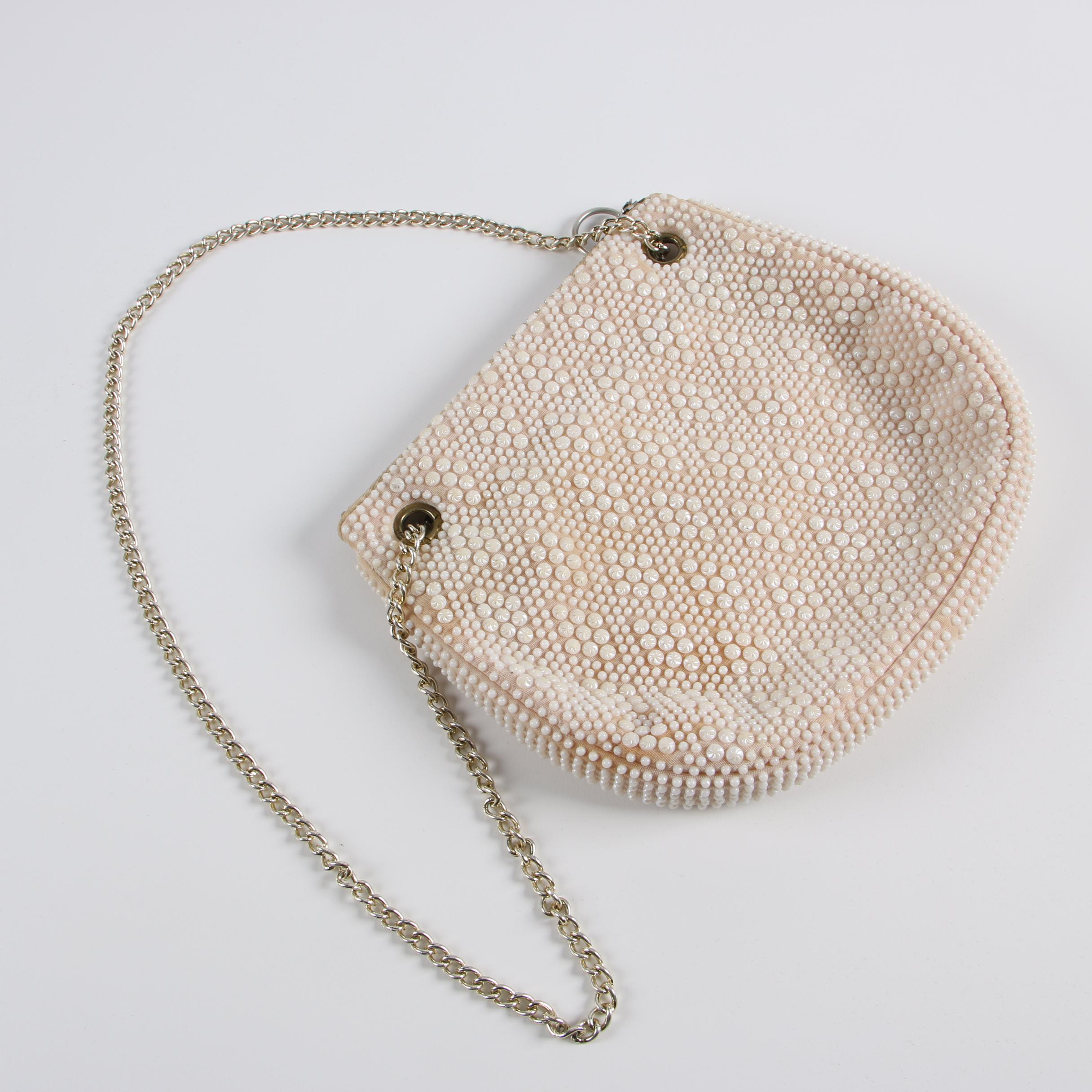 Vintage Black and Cream Beaded and White Enamel Mesh Evening Bags