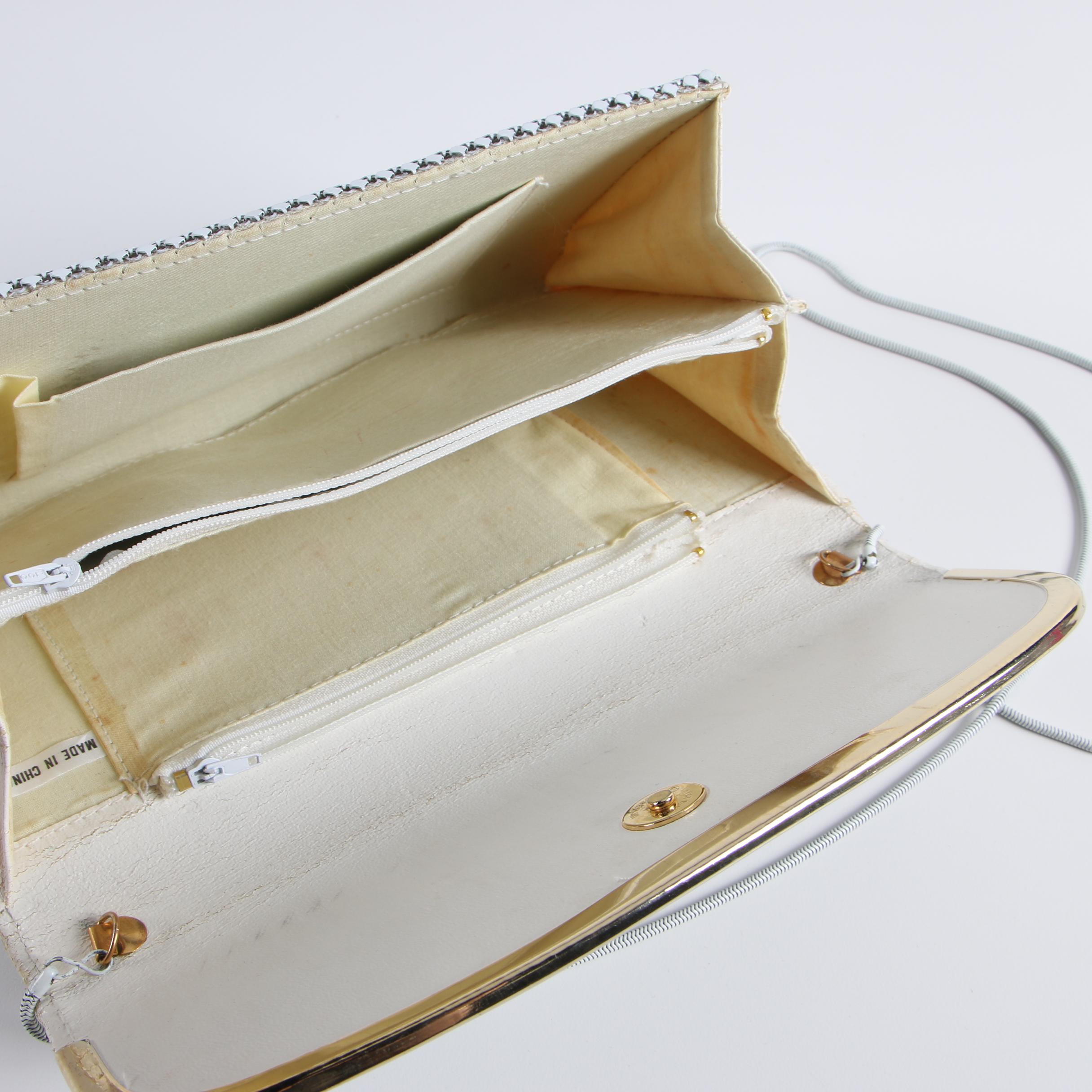 Vintage Black and Cream Beaded and White Enamel Mesh Evening Bags